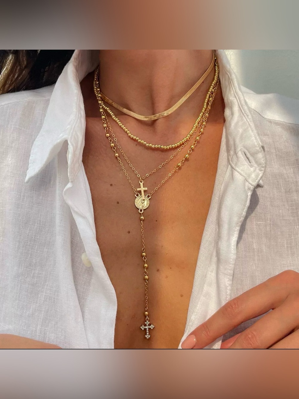 Gold Layered Cross & Virgin Mary Rosary Necklace Set
